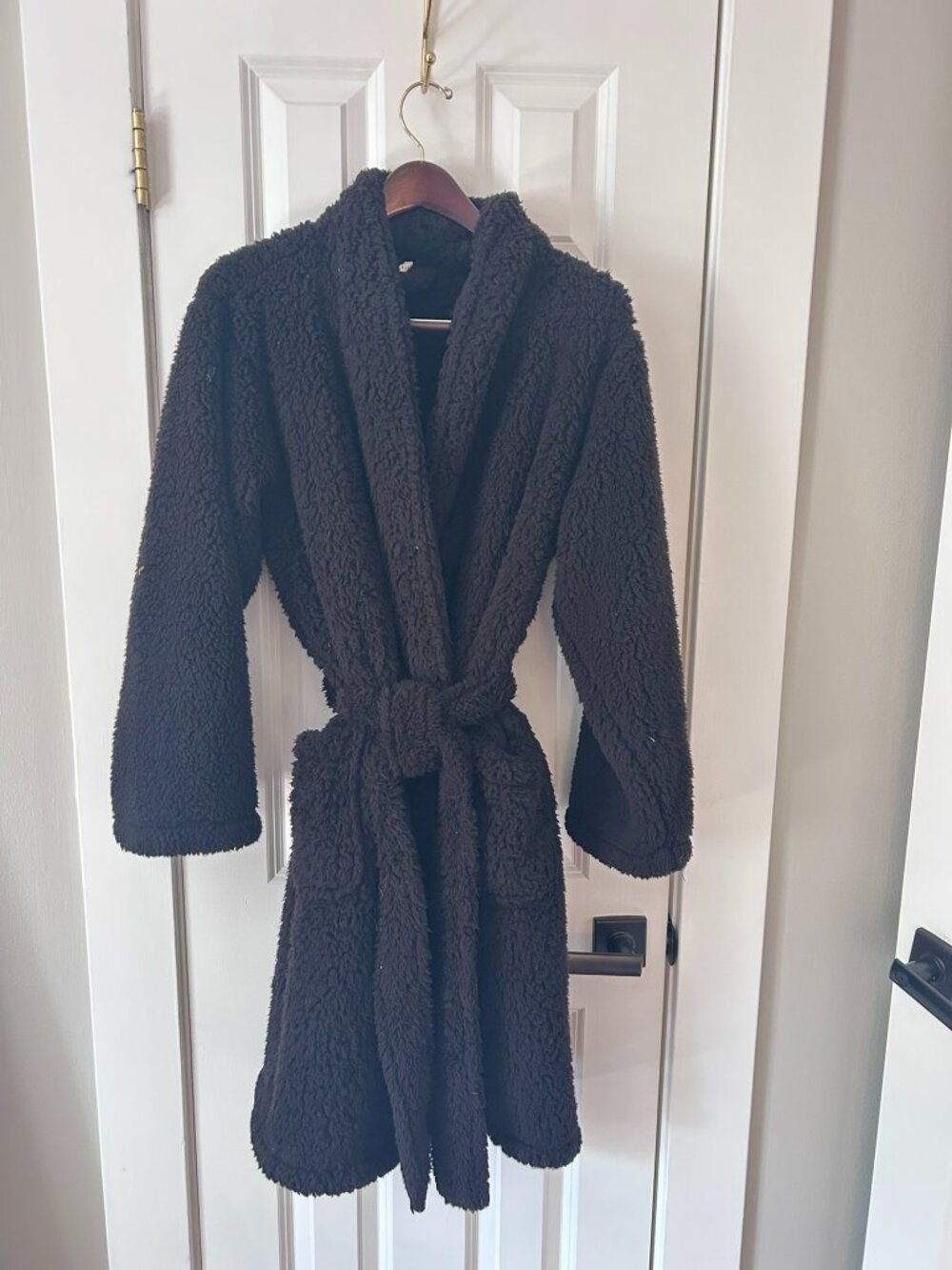 Pottery Barn Black Sherpa Teddy Fleece Robe Shawl Collar Belted One Size